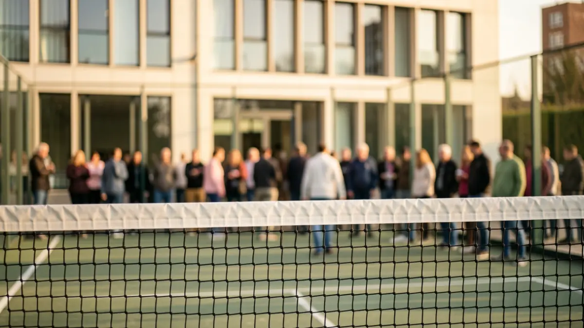 Padel court with net and office building in the background.