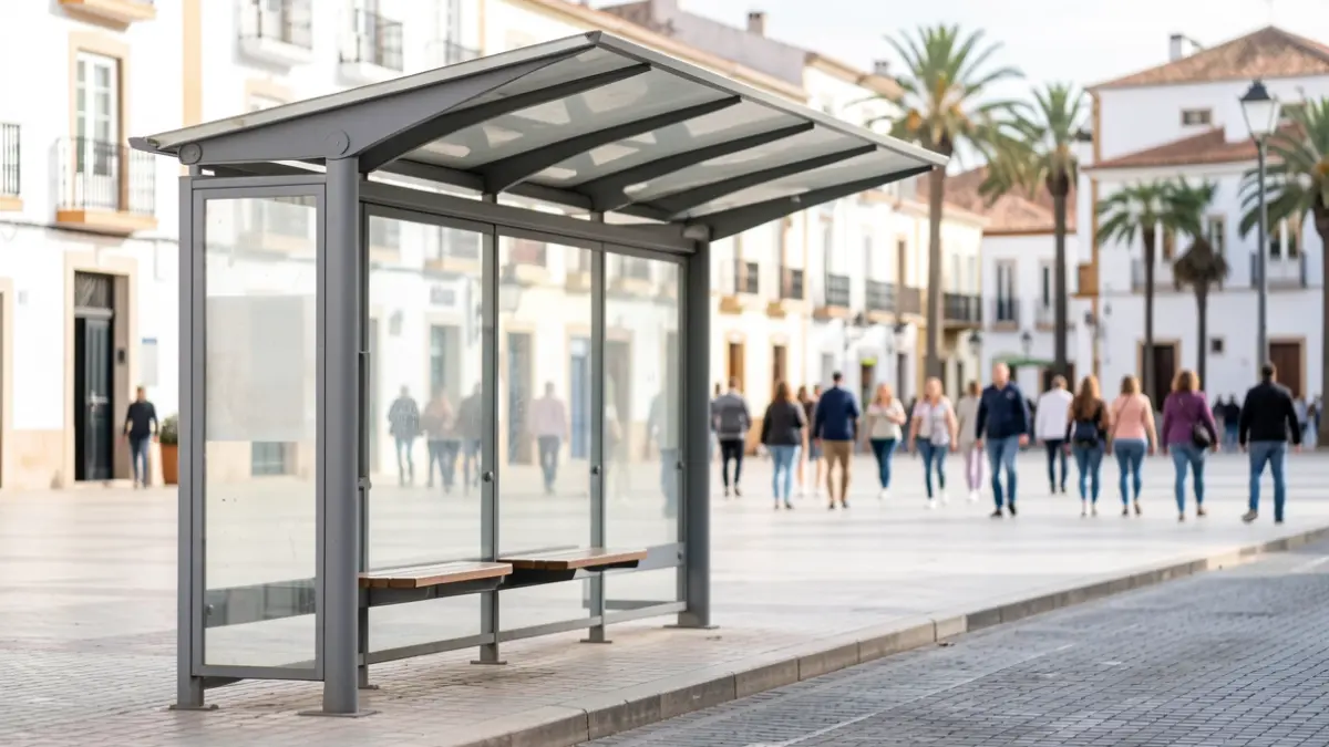 Empty bus stop in Telde, Gran Canaria, with the urban environment in the background.