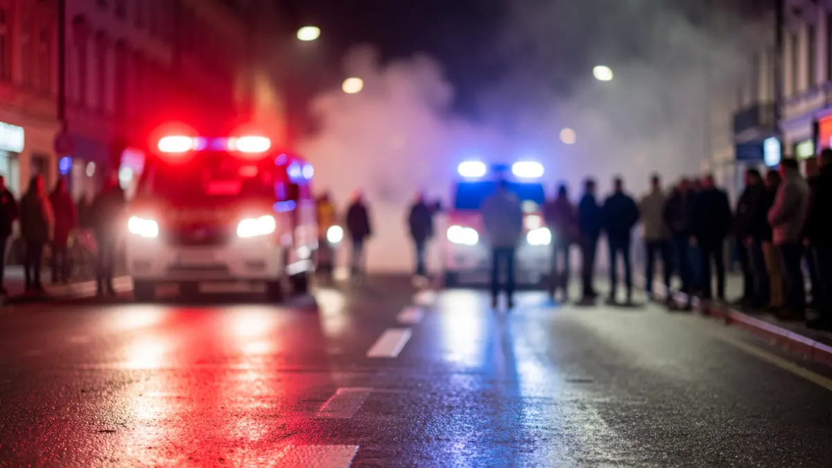 Imagen genérica de luces de emergencia policiales y de bomberos reflejadas en asfalto mojado por la noche, con humo difuminado.