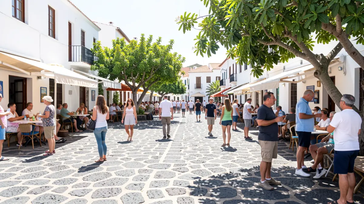 Imagen genérica de una plaza soleada en Canarias con vecinos buscando sombra por el calor extremo.