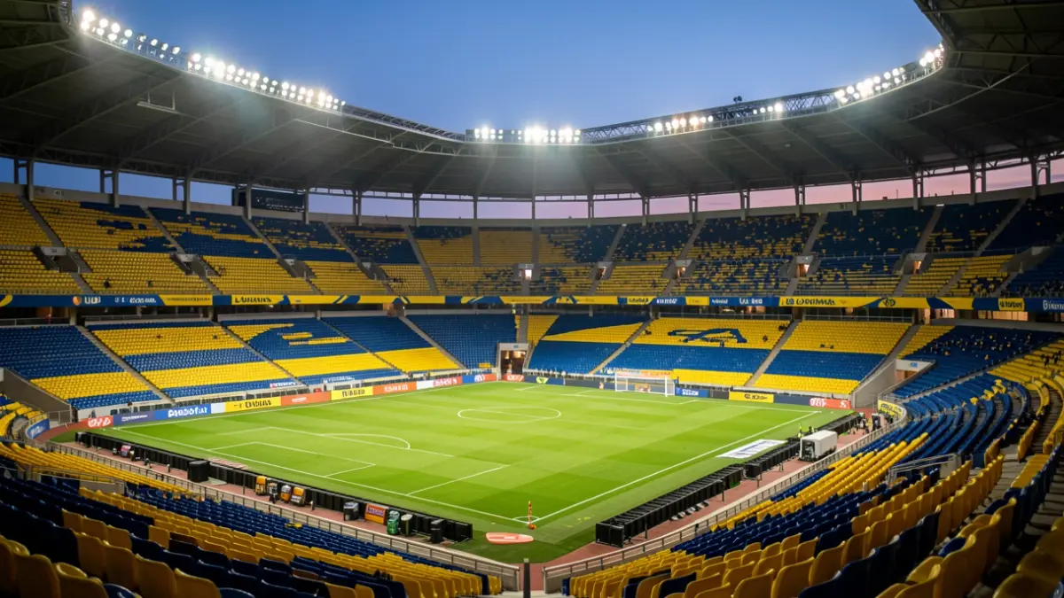 Imagen genérica de un estadio de fútbol en Canarias al atardecer, con asientos vacíos e iluminación de focos.