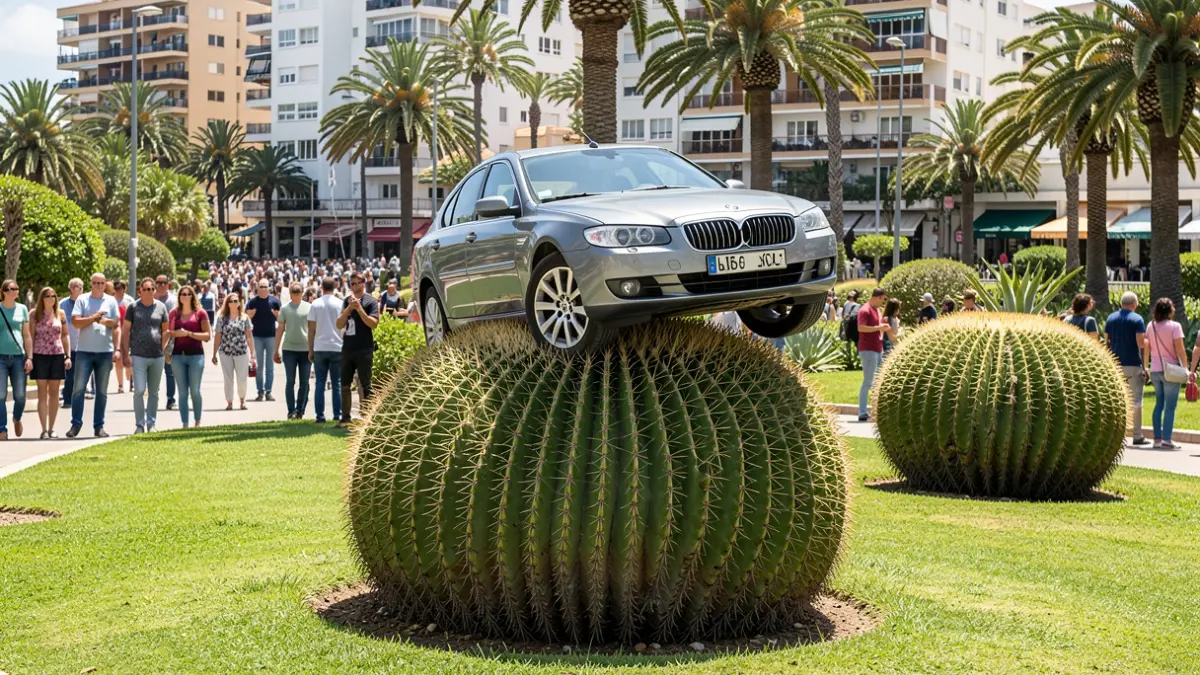 Imagen de un coche encajado sobre un cardón en una zona ajardinada de Las Palmas de Gran Canaria.