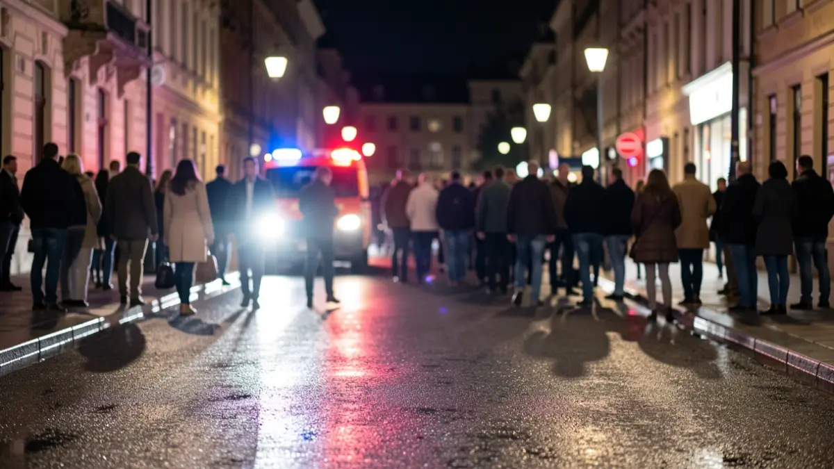 Imagen genérica de luces de emergencia reflejándose en asfalto mojado por la noche.