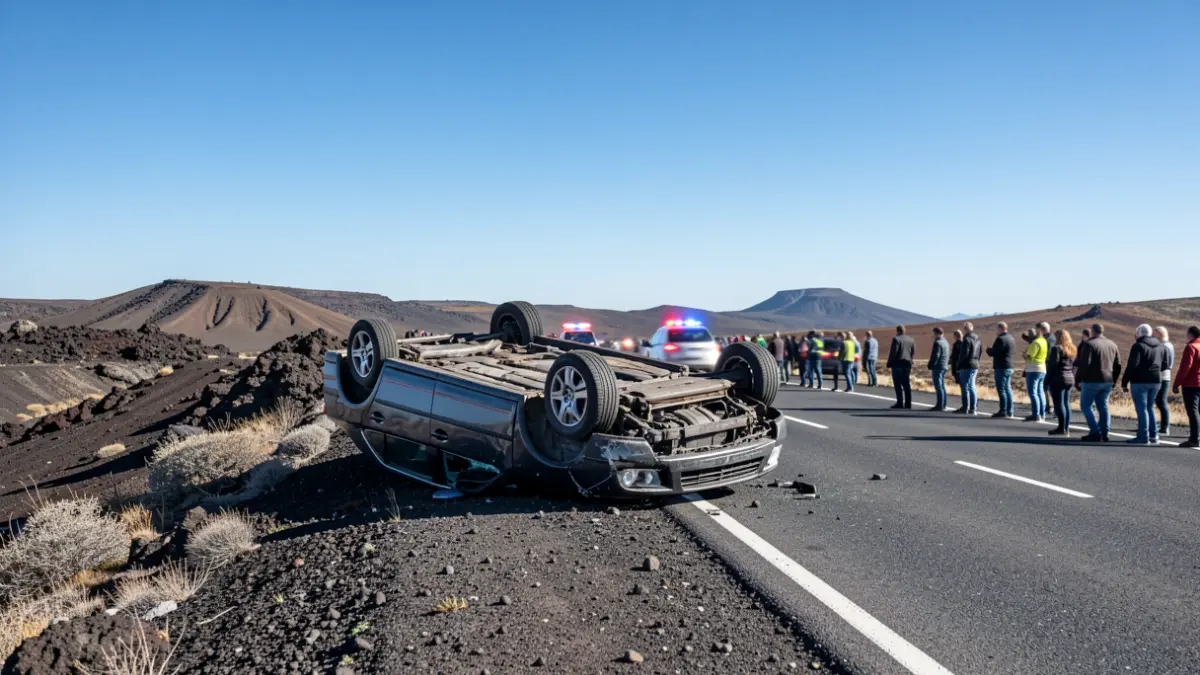 Generic image of a traffic accident on a highway with a volcanic landscape.
