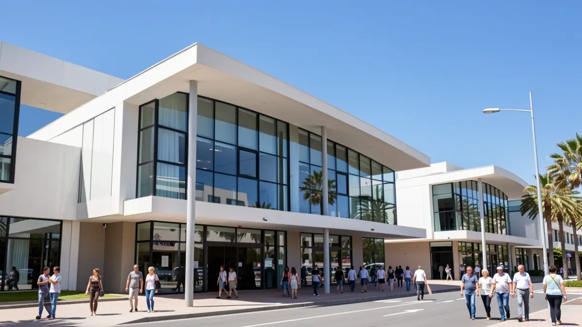 Fachada moderna de un centro comercial en Tenerife con diseño sostenible bajo luz natural.