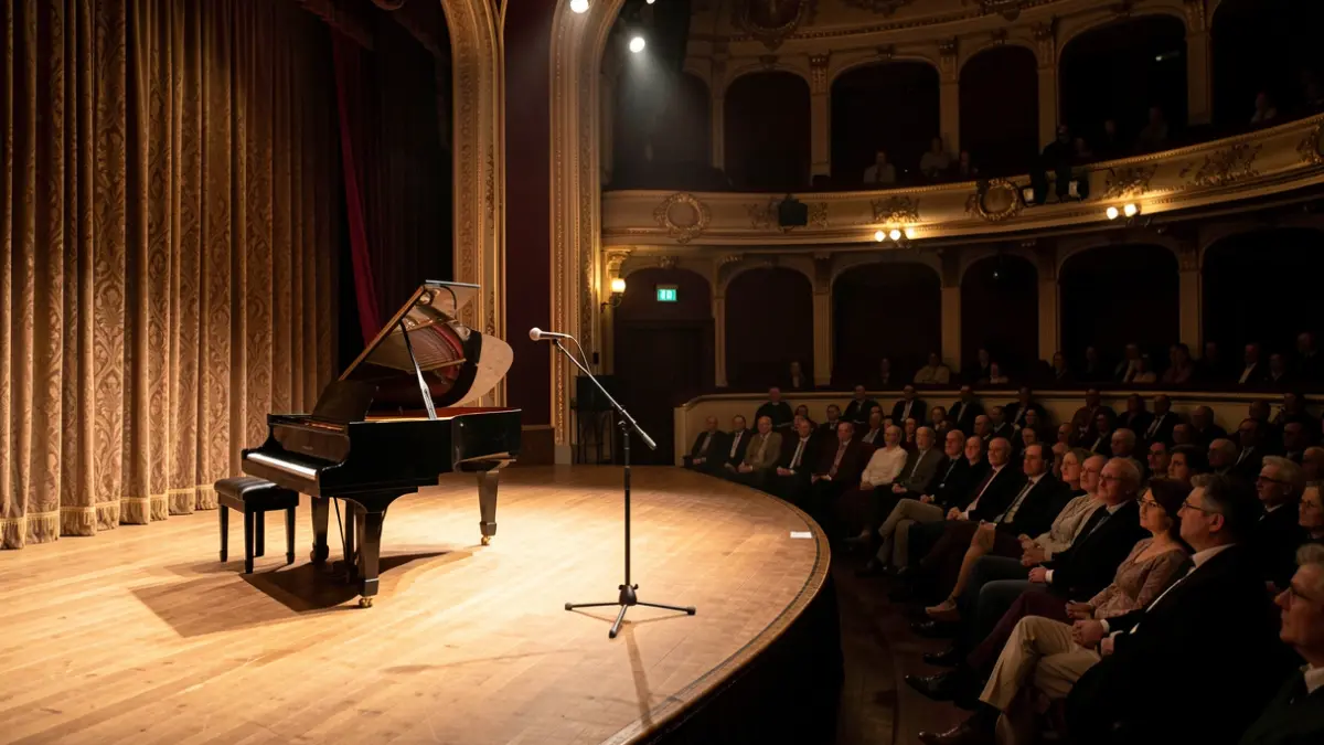 Generic image of an empty theater stage with a piano and a microphone.