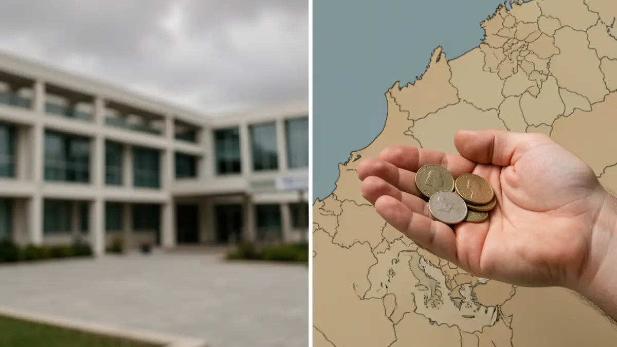 Imagen simbólica de la financiación universitaria en Canarias, mostrando un edificio de universidad y una mano con monedas.