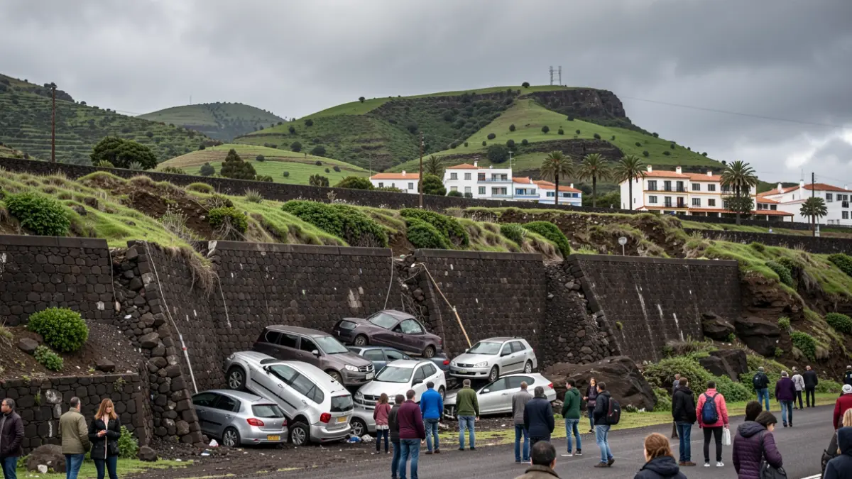 Image of a damaged retaining wall with several cars piled up in Valleseco, Tenerife, after a storm.