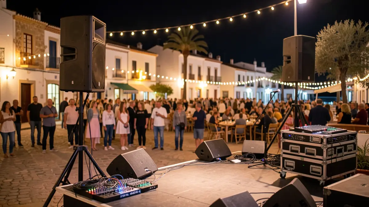 Stage prepared for a night musical event in a coastal setting in the Canary Islands.