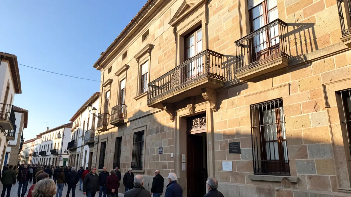 Facade of the Valverde Town Hall with balcony and iron railings, afternoon light.