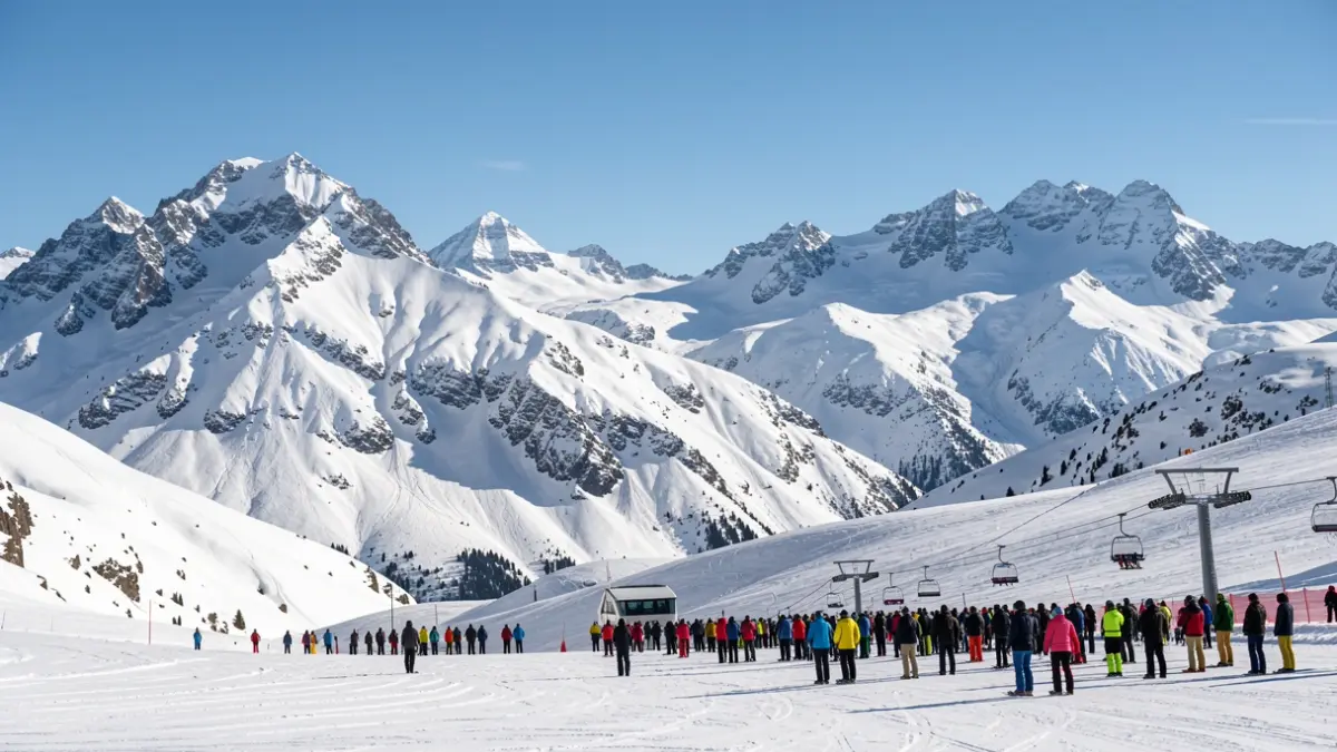 Snowy high mountain landscape at the Grandvalira ski resort, Andorra.