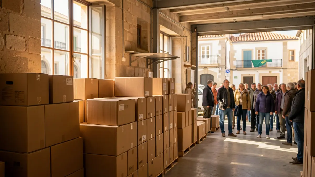Image of boxes with humanitarian aid prepared for shipment in a municipal warehouse.