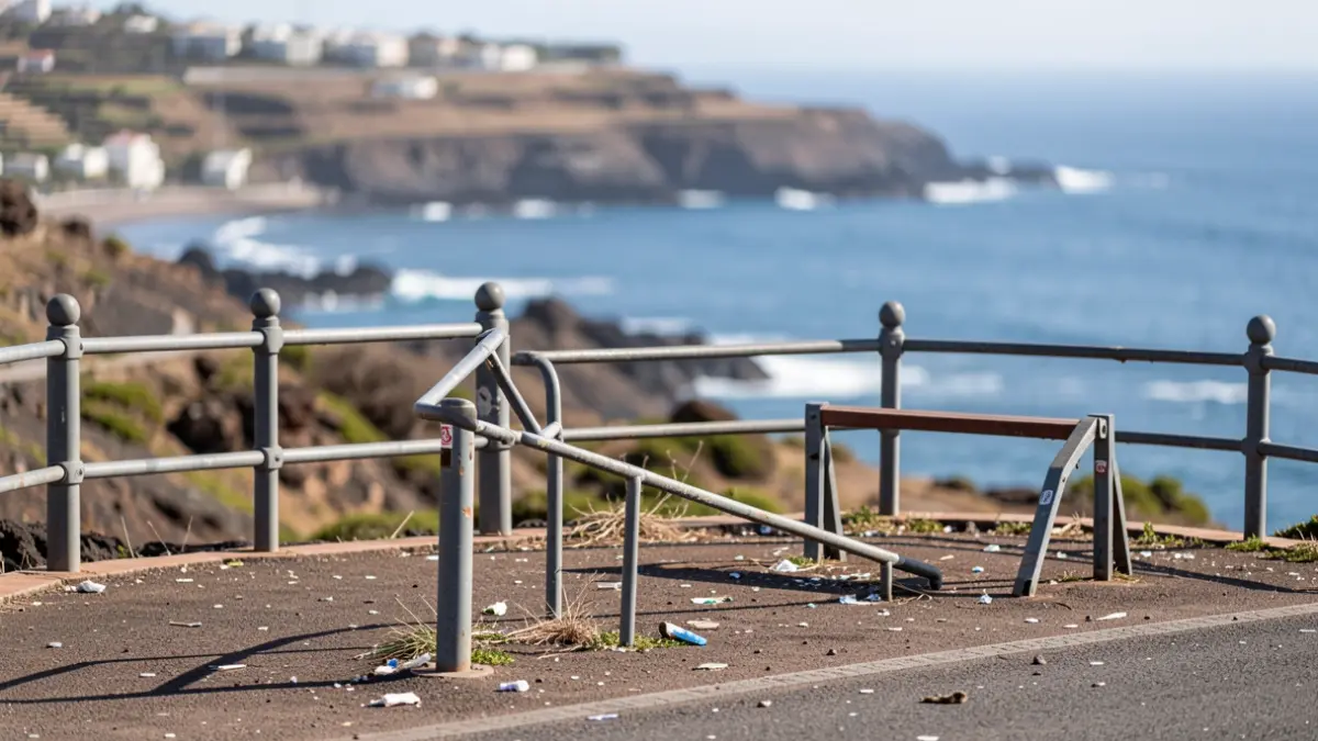 Imagen de los Charcos de Valleseco en Santa Cruz de Tenerife con mobiliario urbano dañado.