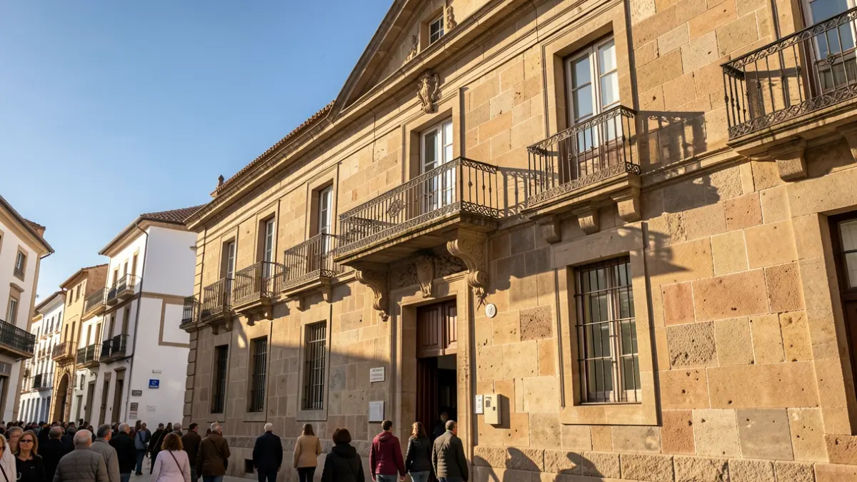 Facade of a Canarian town hall with balcony and iron railings, afternoon sunlight.