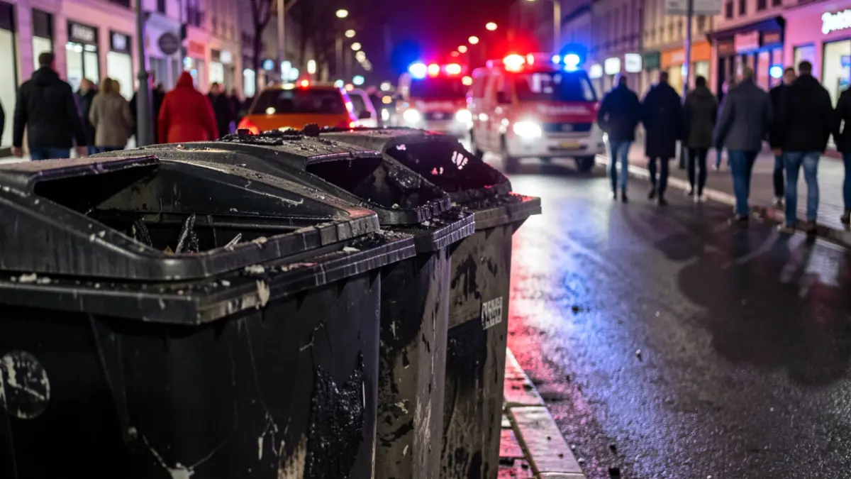 Contenedores de basura calcinados en una calle de Santa Cruz de Tenerife por la noche, con luces de emergencia.