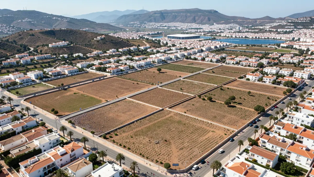 Aerial view of developable land in Canarias with marked plots and a commercial building outline.