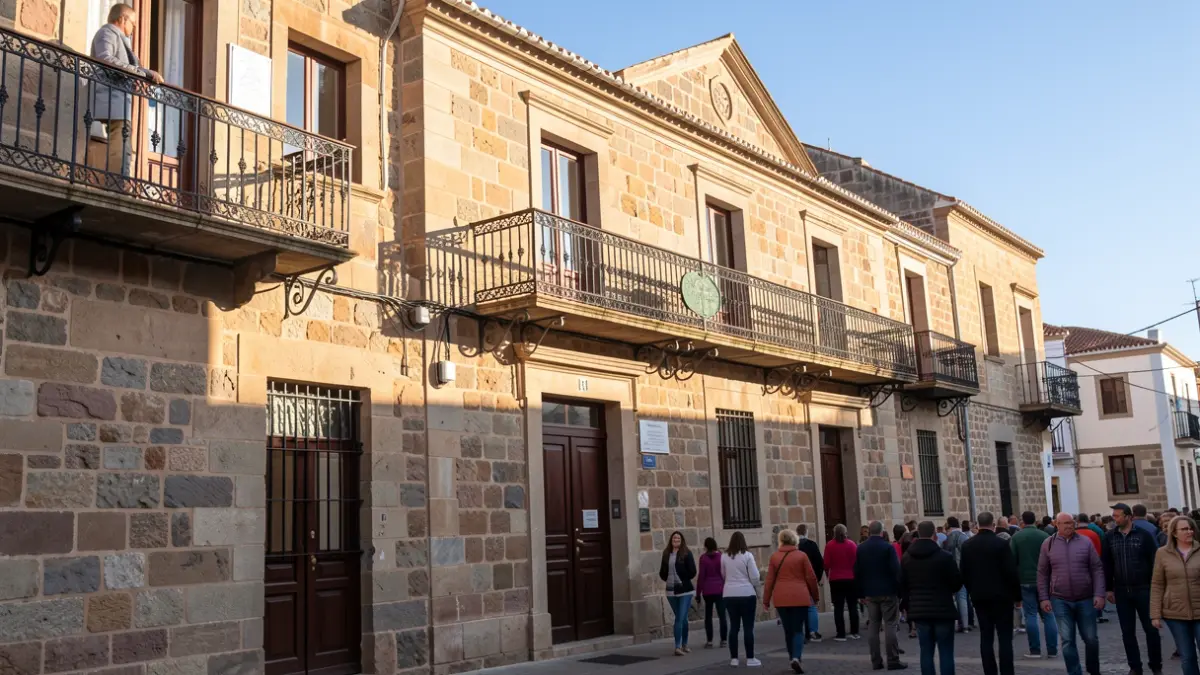 Fachada de un ayuntamiento tradicional de Canarias con balcón de hierro, bajo la luz del sol de la tarde.