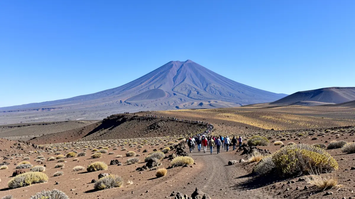 Volcanic landscape of Tenerife under a clear sky and bright sun.