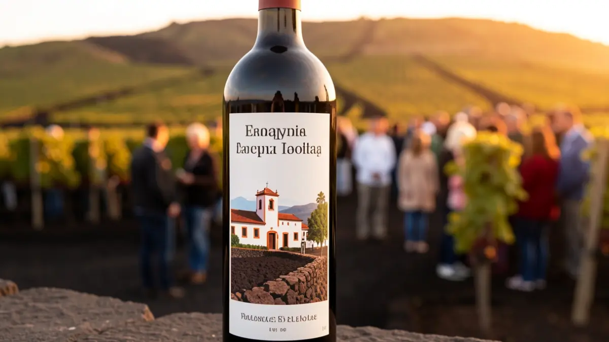 Close-up of a wine bottle with a label evoking volcanic soil and Canarian architecture, with vineyards in the background.