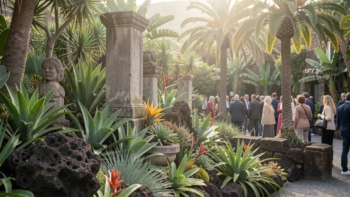 Imagen genérica de un jardín mítico con vegetación exótica y elementos de piedra, con luz suave.