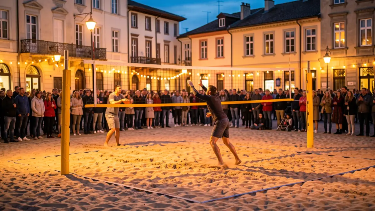 Imagen genérica de una cancha de vóley playa instalada en una plaza con público.
