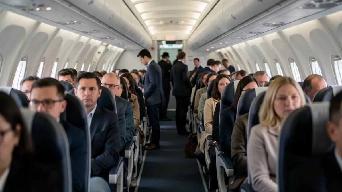 Imagen genérica de un pasillo de avión con pasajeros borrosos.