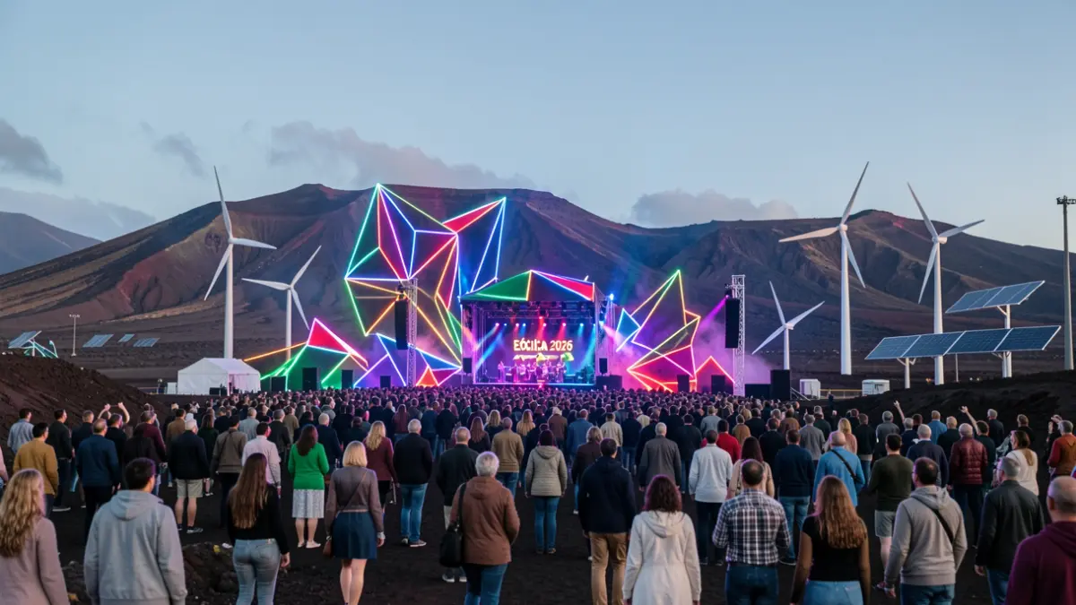Imagen genérica de un festival de música electrónica con luces de neón y paisaje volcánico.
