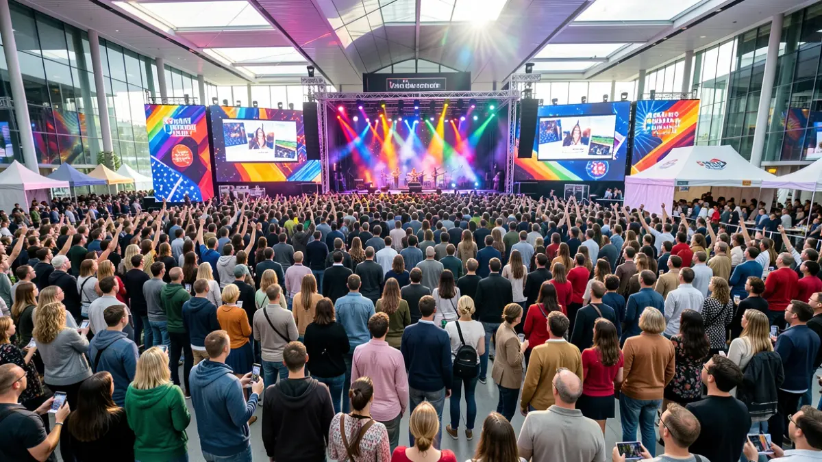 Imagen genérica de un festival de música con público diverso y luces de escenario.