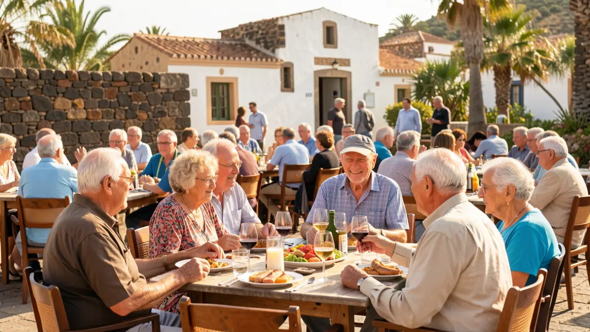 Generic image of elderly people enjoying a communal lunch in a rural setting.