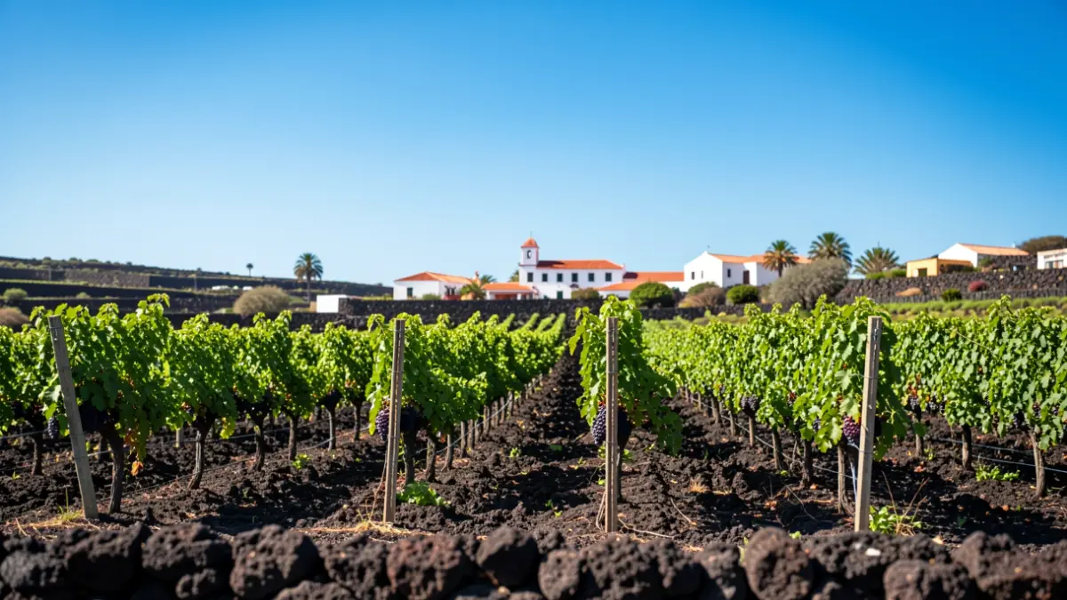 Vineyards in the Canary Islands with traditional architecture in the background.