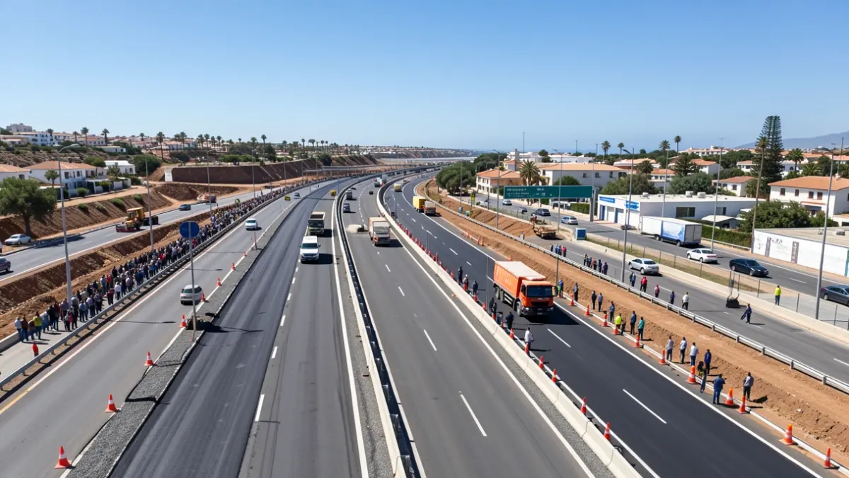 Vista aérea del viaducto del Guiniguada en Gran Canaria durante obras de asfaltado.