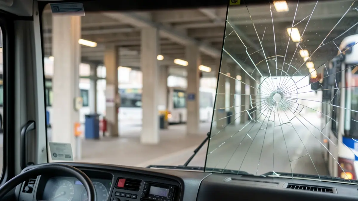 Damaged bus windshield after an accident at Santa Catalina station.