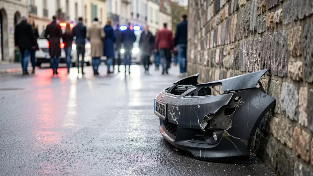 Detail of a car crashed against a wall with blurred emergency lights.