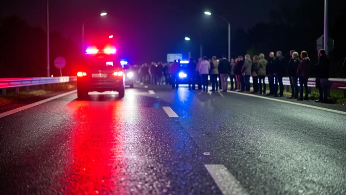 Generic image of emergency lights reflecting on wet asphalt.