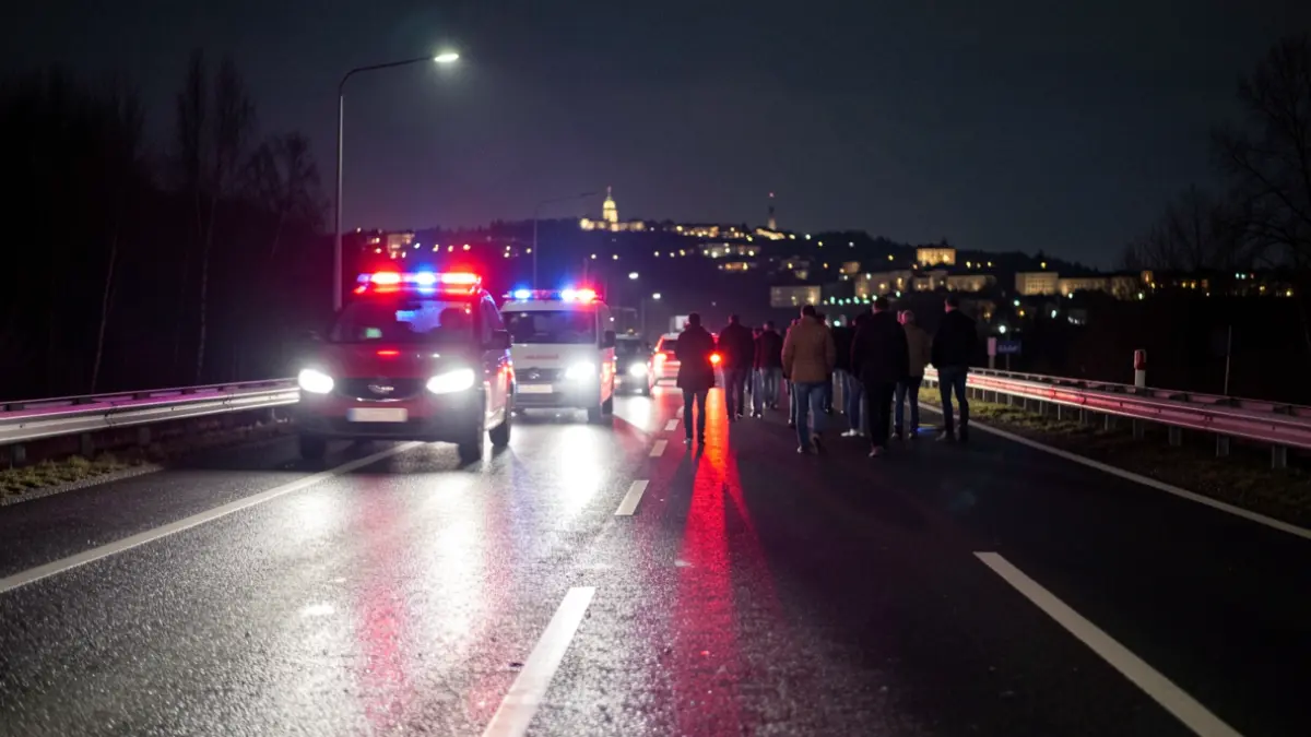Generic image of emergency lights on a wet road at night.