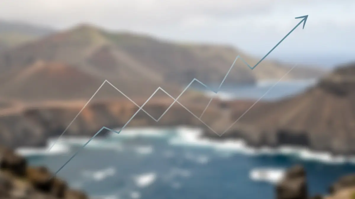 Abstract graph of economic growth and decline in the Canary Islands over a blurred volcanic landscape.