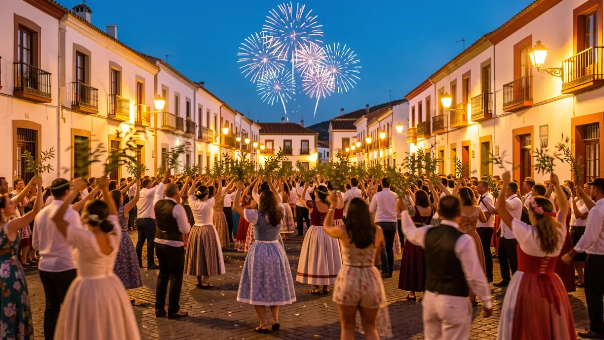 Imagen genérica de una fiesta popular en Canarias con gente bailando y ramas.