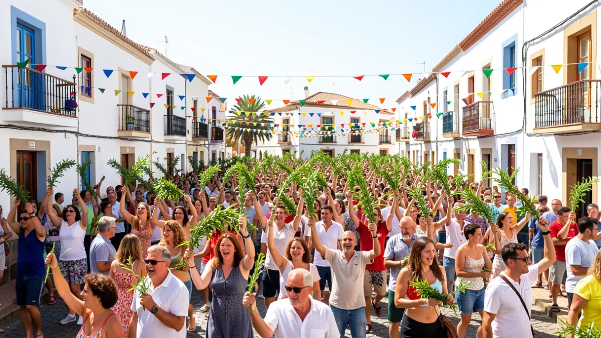 Multitud celebrando la fiesta de La Rama en Agaete con ramas verdes y ambiente festivo.