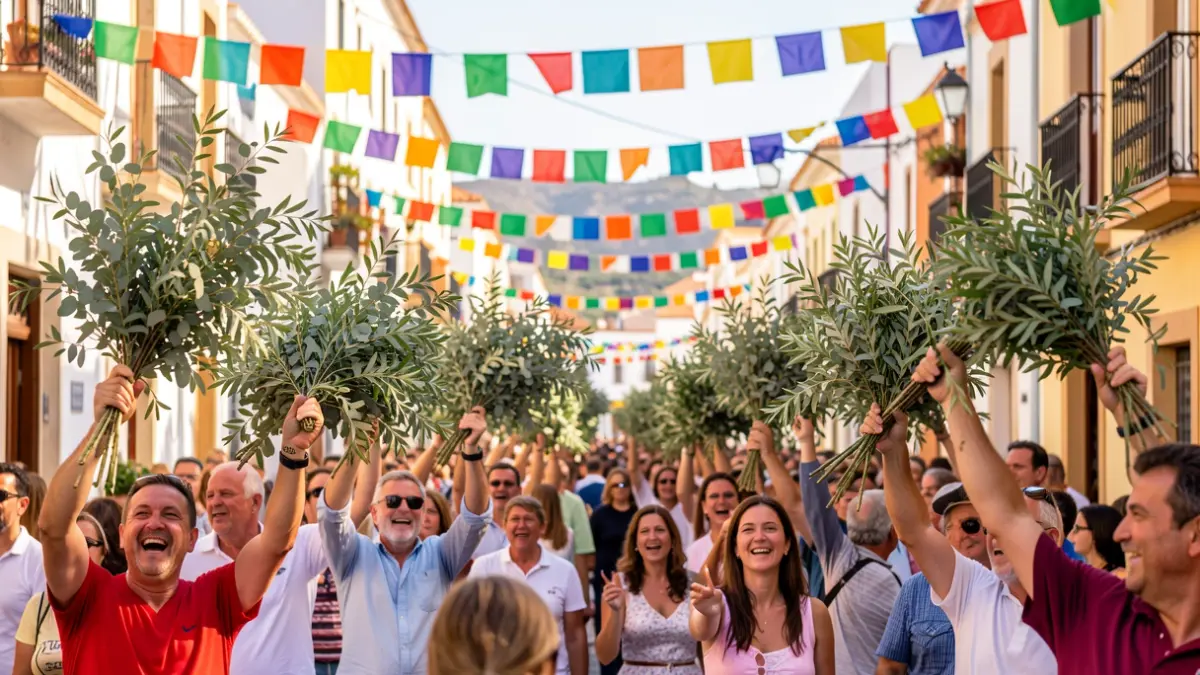 Gente celebrando la fiesta de La Rama en Agaete, agitando ramas de eucalipto y laurel bajo banderines de colores.