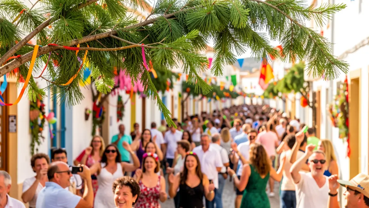 Imagen de la Fiesta de La Rama en Agaete, con ramas verdes y gente bailando.