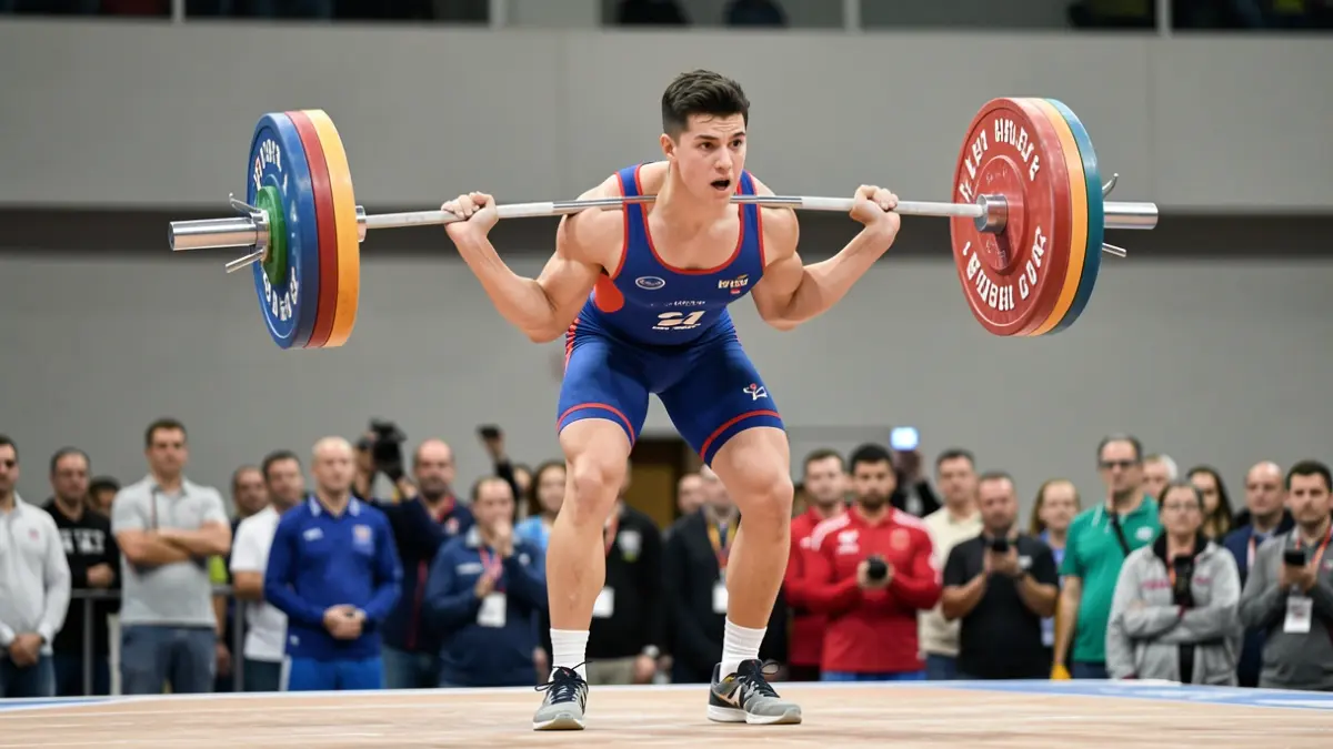 Close-up of Agoney Rodríguez lifting weights at the European U17 Weightlifting Championship.