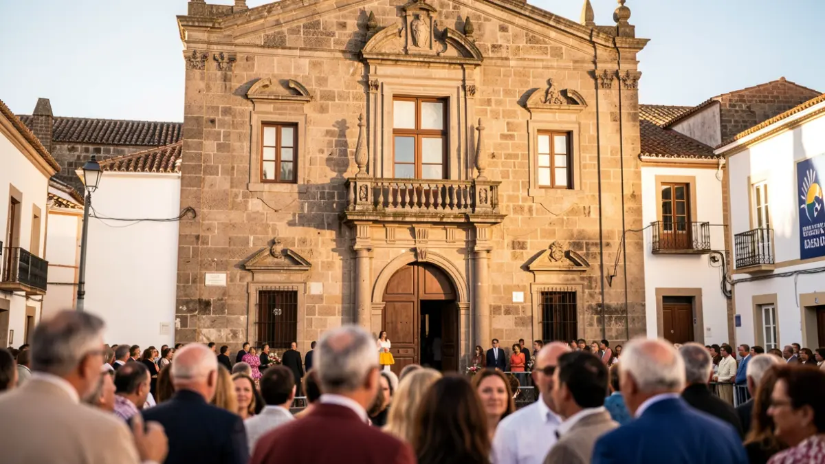 Facade of a traditional Canarian church with a stone balcony and ornate details, under warm afternoon light.
