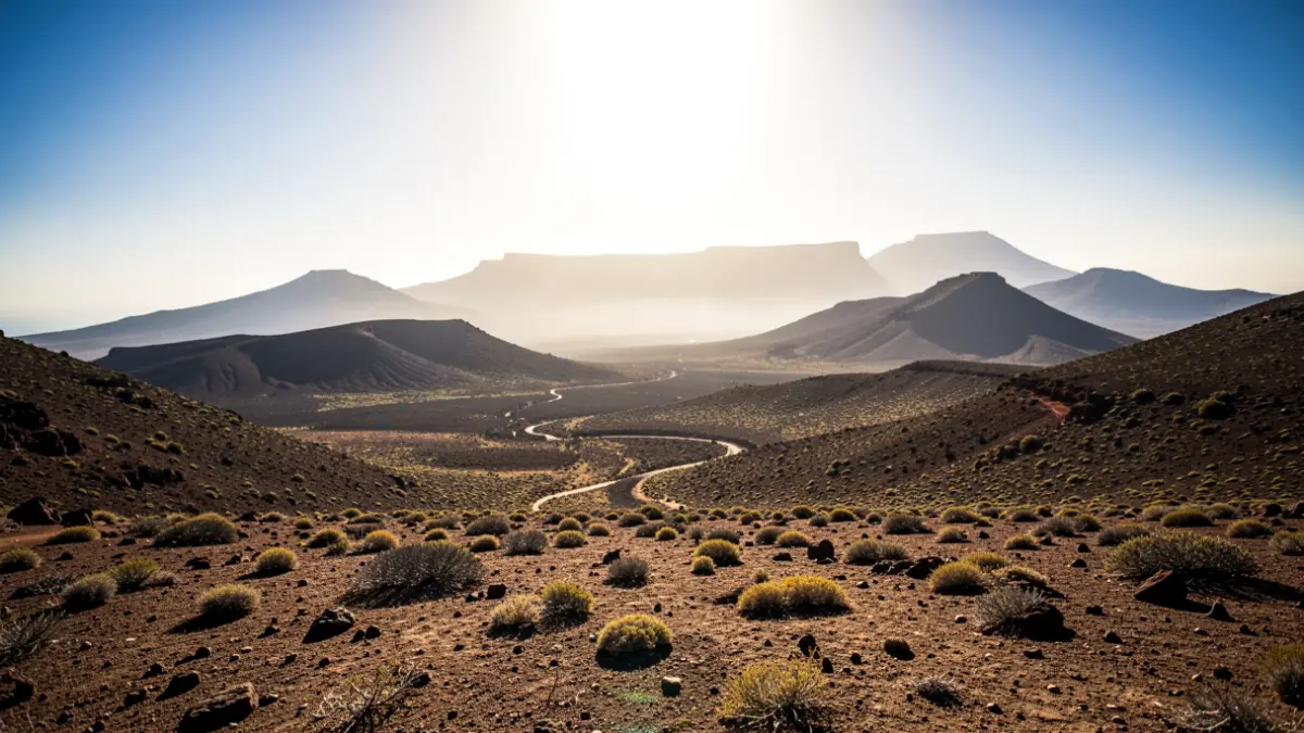 Paisaje volcánico de Gran Canaria bajo un cielo de calor extremo.