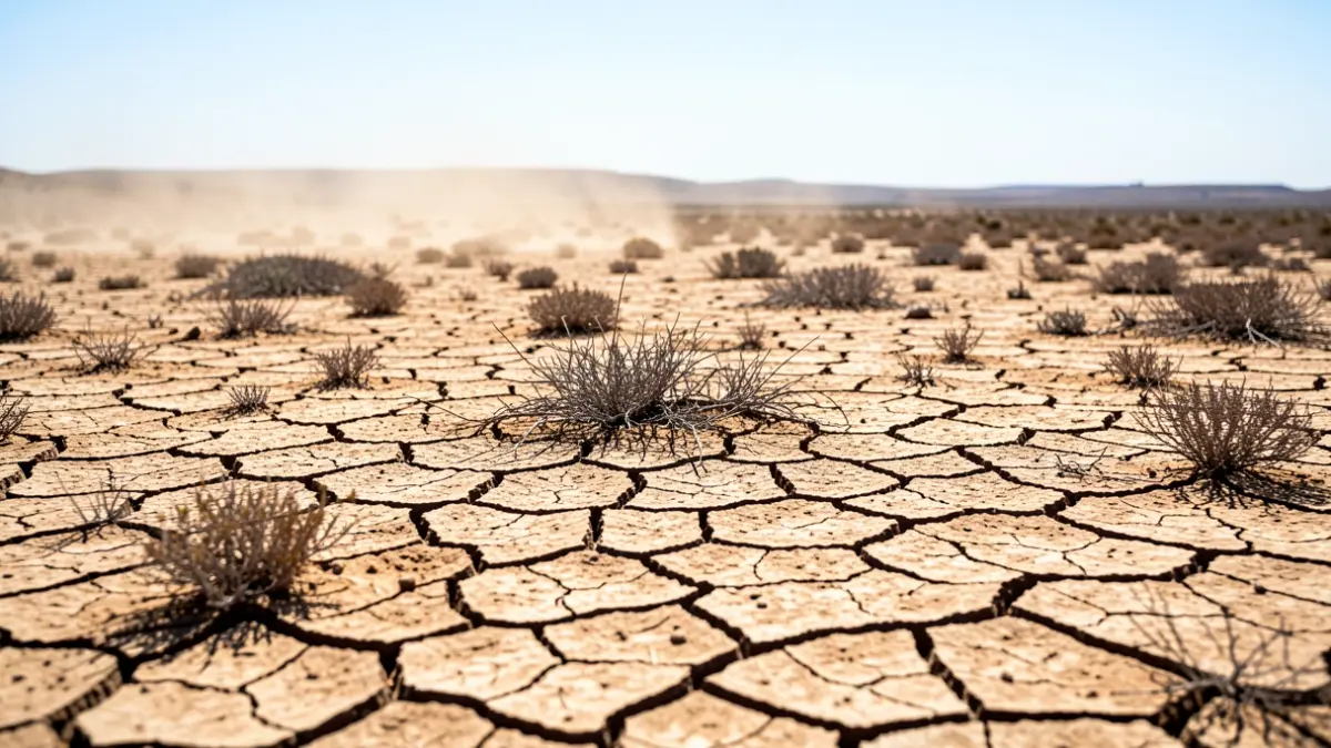 Imagen genérica de tierra seca y agrietada bajo un sol abrasador, simbolizando el calor extremo y el riesgo de incendios.