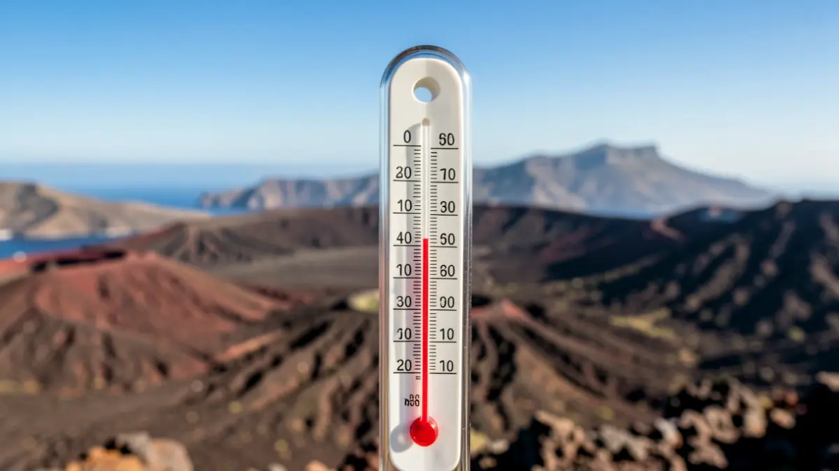 Thermometer showing high temperature with volcanic landscape of the Canary Islands.