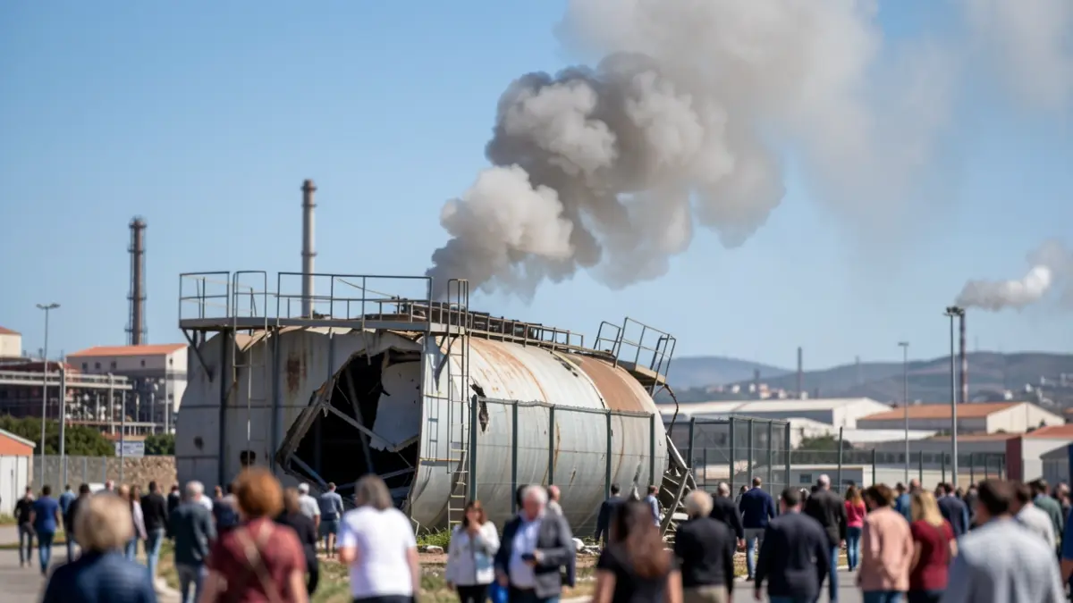 Image of a damaged fuel tank in a Canarias industrial estate with smoke rising.