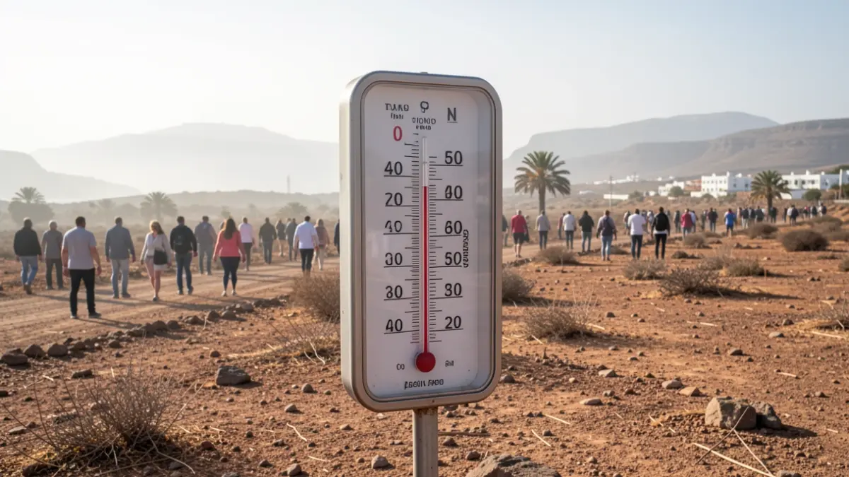 Termómetro marcando temperaturas extremas en un paisaje seco de Canarias.