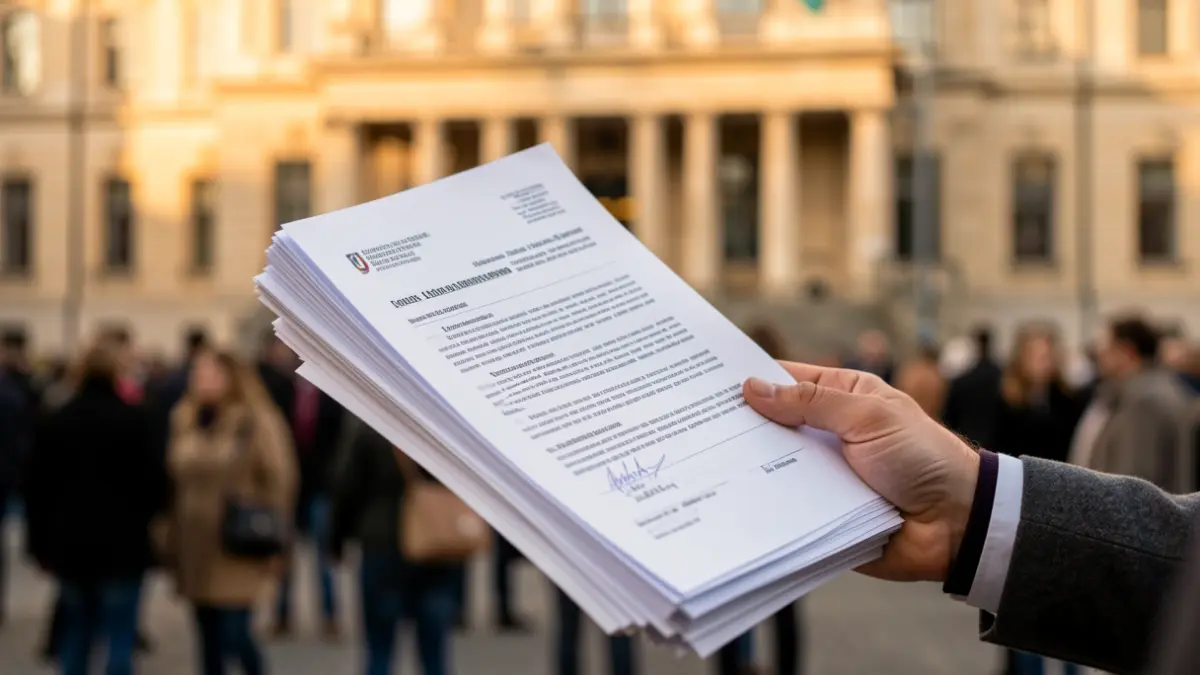 Generic image of official documents and a government building.