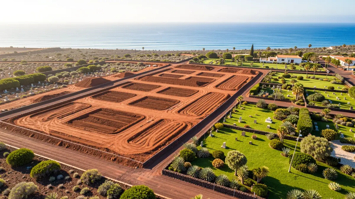 Aerial view of the Tías cemetery expansion in Lanzarote, featuring green areas and sea views.