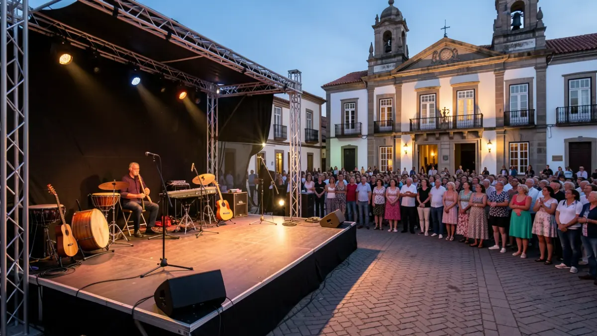 Escena de escenario en Candelaria con instrumentos folclóricos y el Ayuntamiento al fondo.